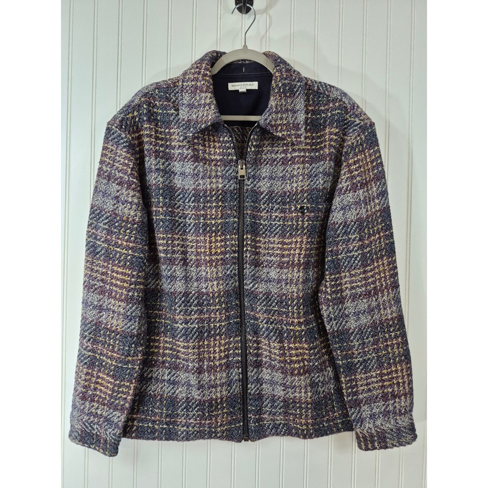 Banana Republic Mens Relaxed Tweed Zip Jacket Purple Grey Yellow Size M Preppy
